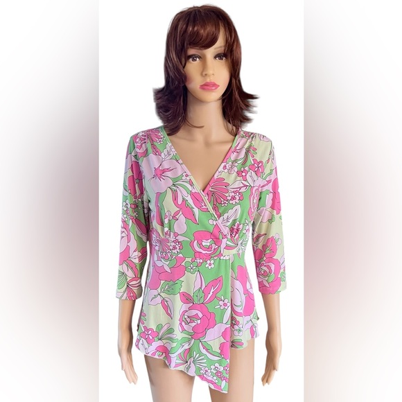 J.B. Floral V-Neck Wrap Top True Vintage in Pink and Green - Picture 9 of 12